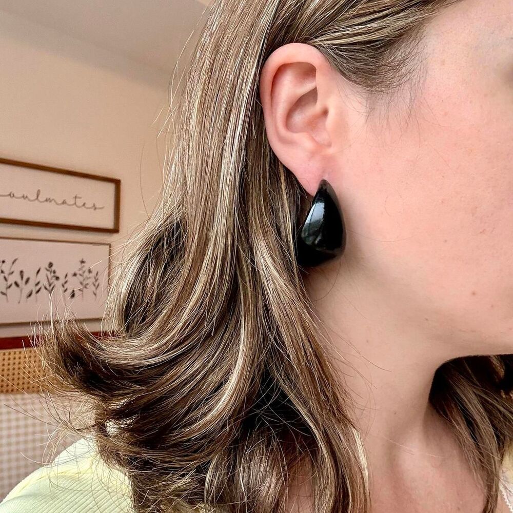Vintage Black Chunky Hoop Earrings, Oversized Acrylic Statement, 80s Minimalist